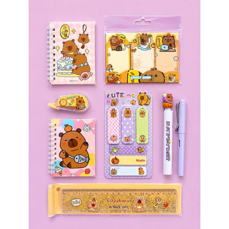 Kit Papelaria Capivara Premium 9 Itens – Cadernos, Sticky Notes, Régua Glitter, Caneta e Lápis Infinito