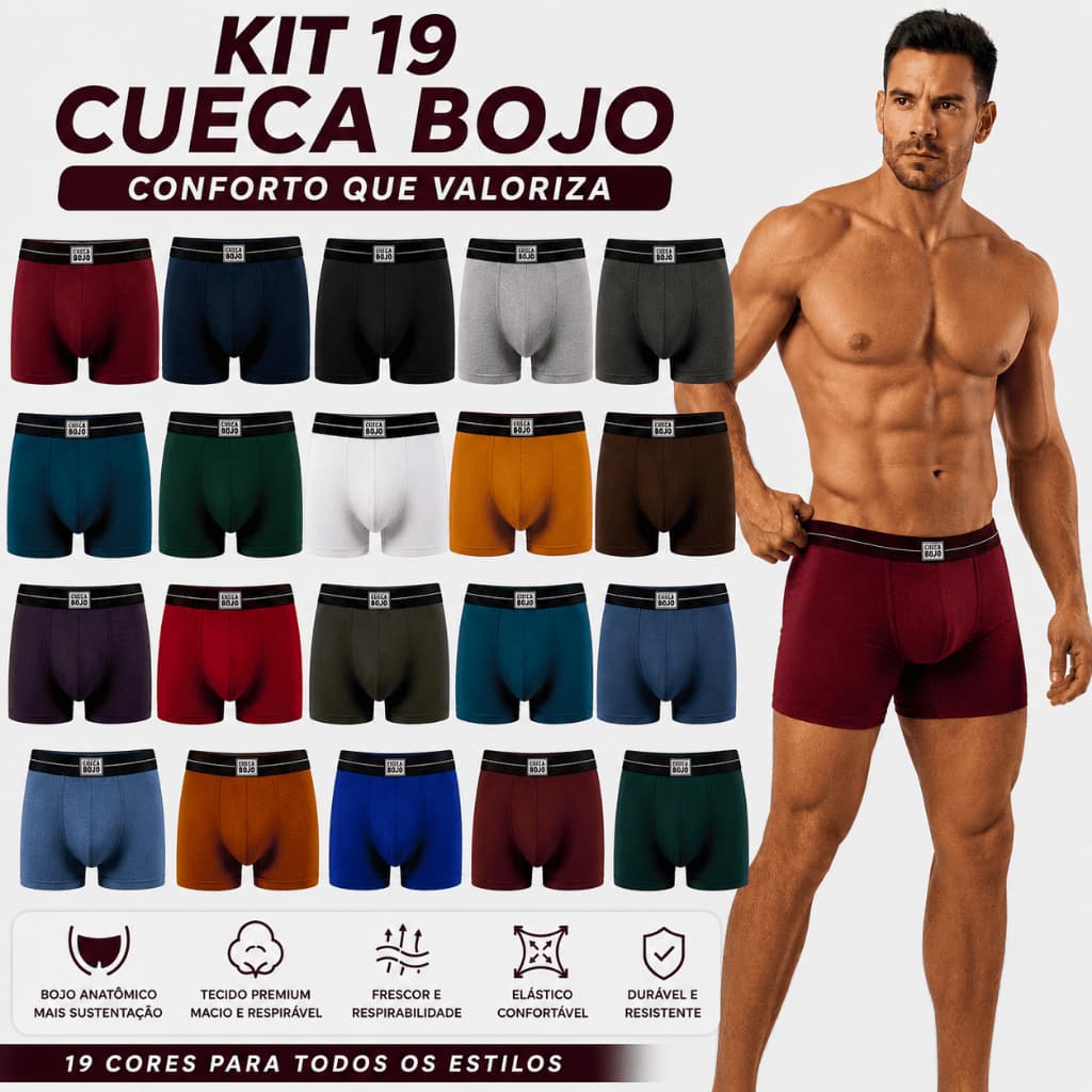 Kit 19 Cuecas Bojo em Poliamida Premium. Tecido leve, macio, respirável, com secagem rápida e alta elasticidade