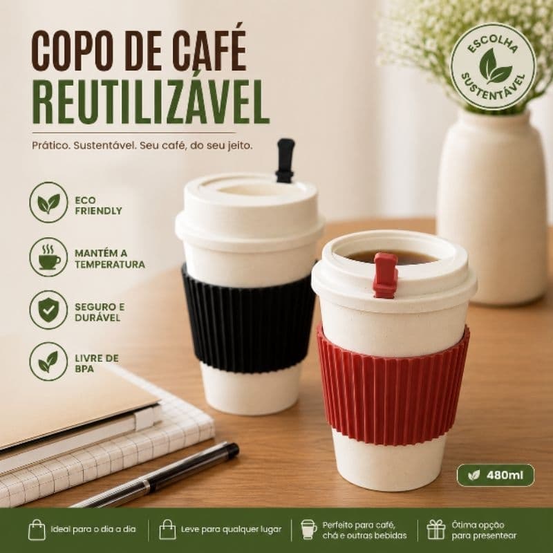 Copo Ecológico 450ml Com Tampa Café Chá Reutilizável Portátil