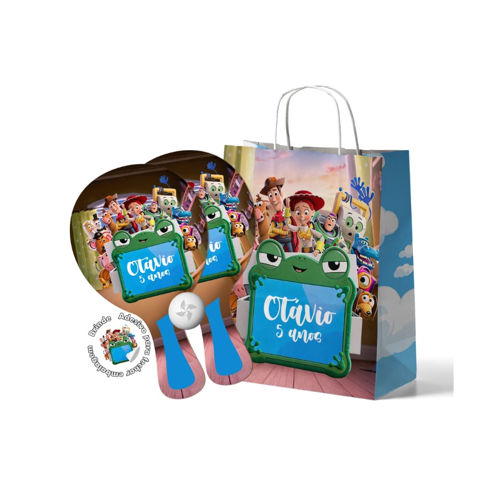 Kit Sacola de Papel e Raquete Ping Pong Tema festa lembrancinha Toy Story