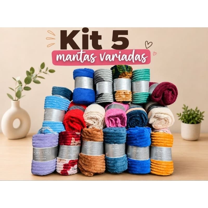 kit 5 mantas casal/cores variadas