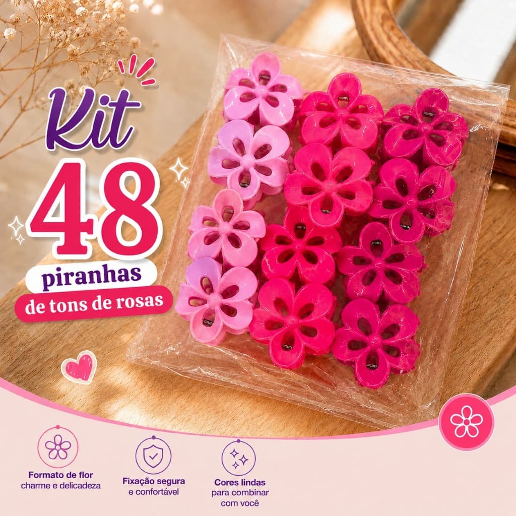 Kit 24 Piranhas Flor Tons Outubro Rosa Prendedor De Cabelo Grande Presilhas Resistente Elegante