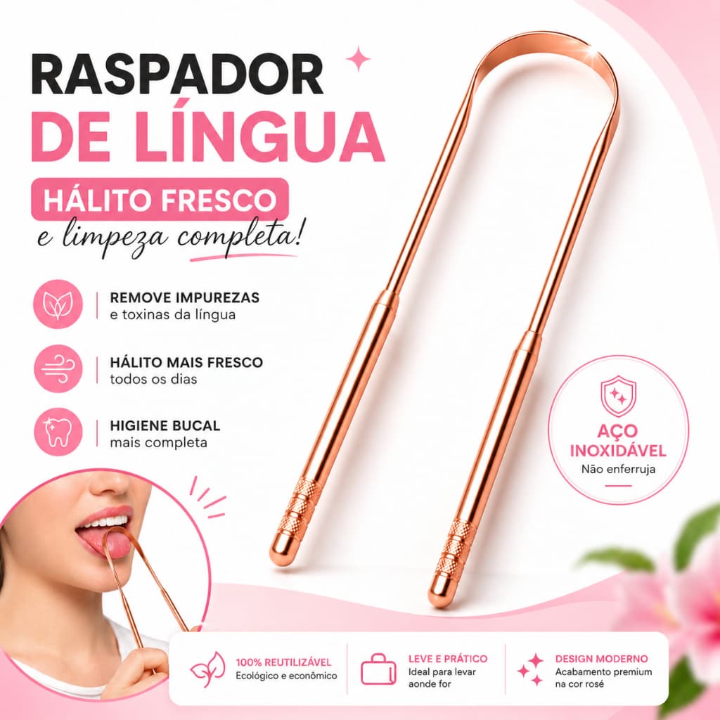 Raspador de Língua Aço Inox Rose Limpador de Língua Hálito Fresco Higiene Bucal Premium