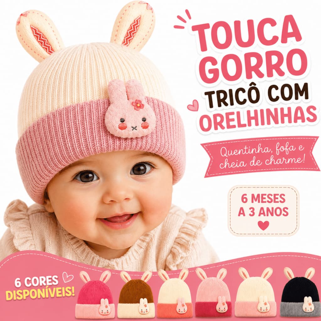 Touca Gorro Bebê Menina Tricô Forrado Com Orelhinhas Quentinho Inverno 6 Meses a 3 Anos