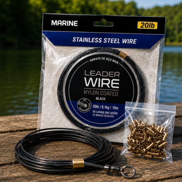 Leader Wire Marine Sports Cabo de Aço Black 10m com 70 Luvas Empate Empatar Encastoar
