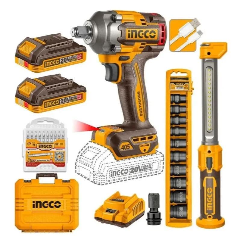 Kit Chave Impacto 1/2 Pol 20v Bateria Soquete Lanterna Ingco