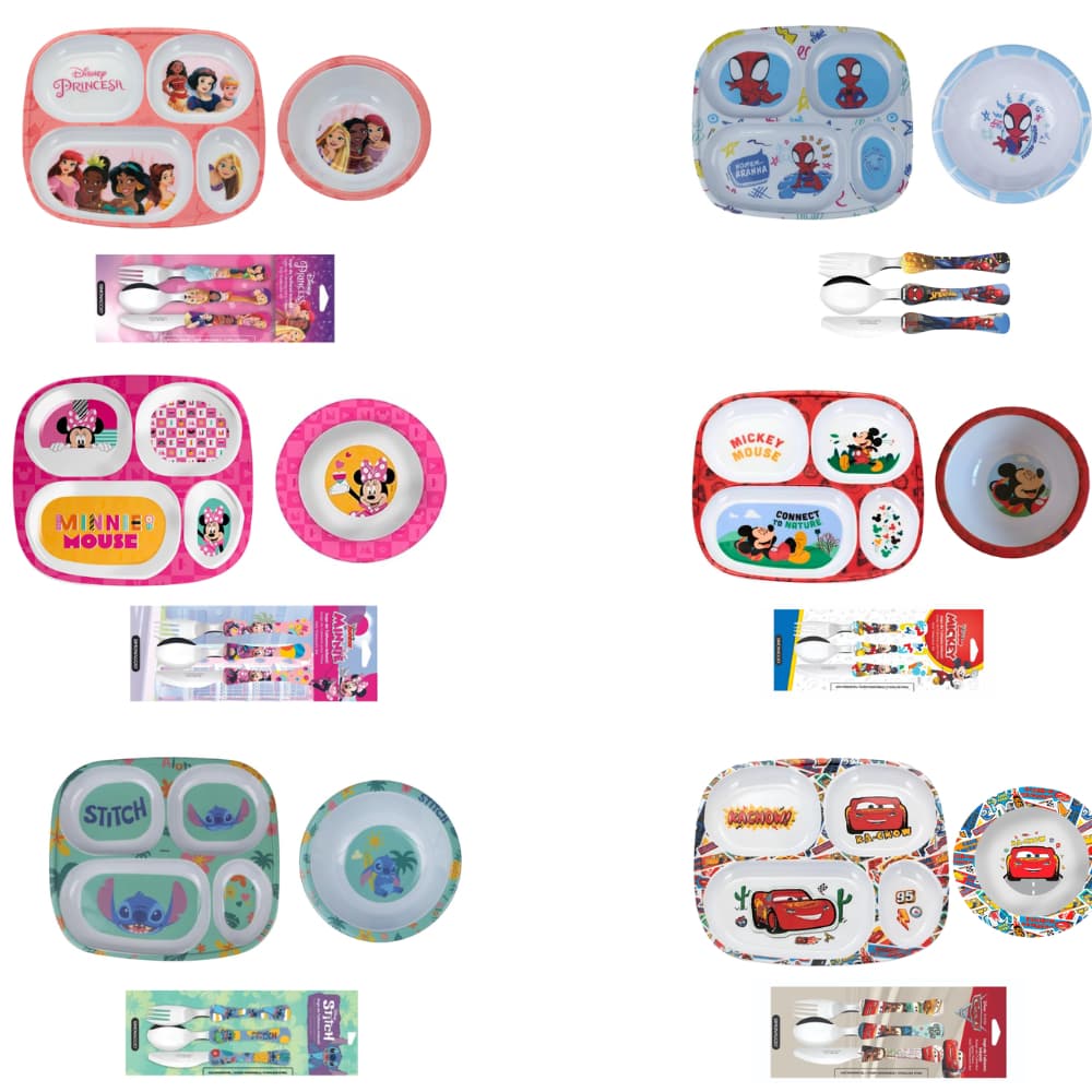 Kit Infantil Personagens 3 Peças | Prato com Divisórias, Talheres e Bowl