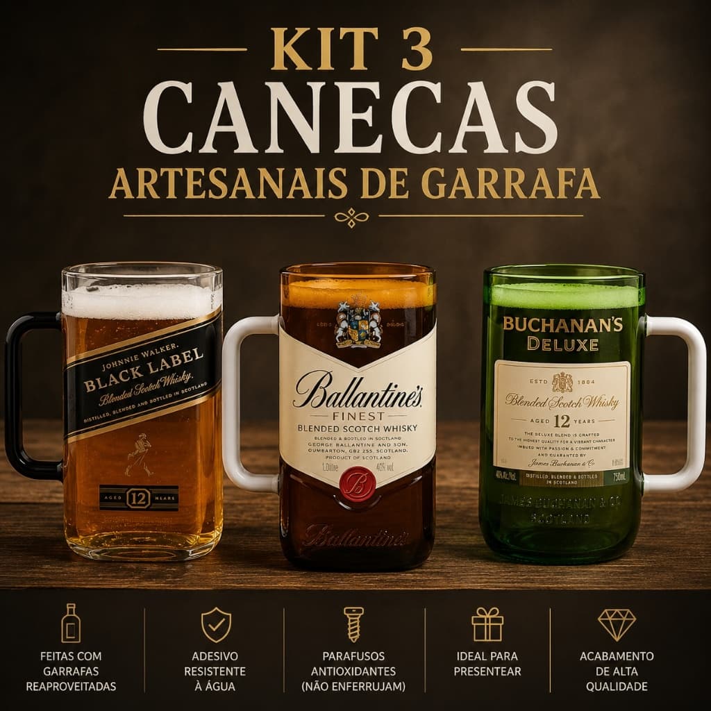 Kit 3 Canecas Artesanais de Garrafa Caneca de Vidro Cerveja Qualidade Premium Envio Imediato