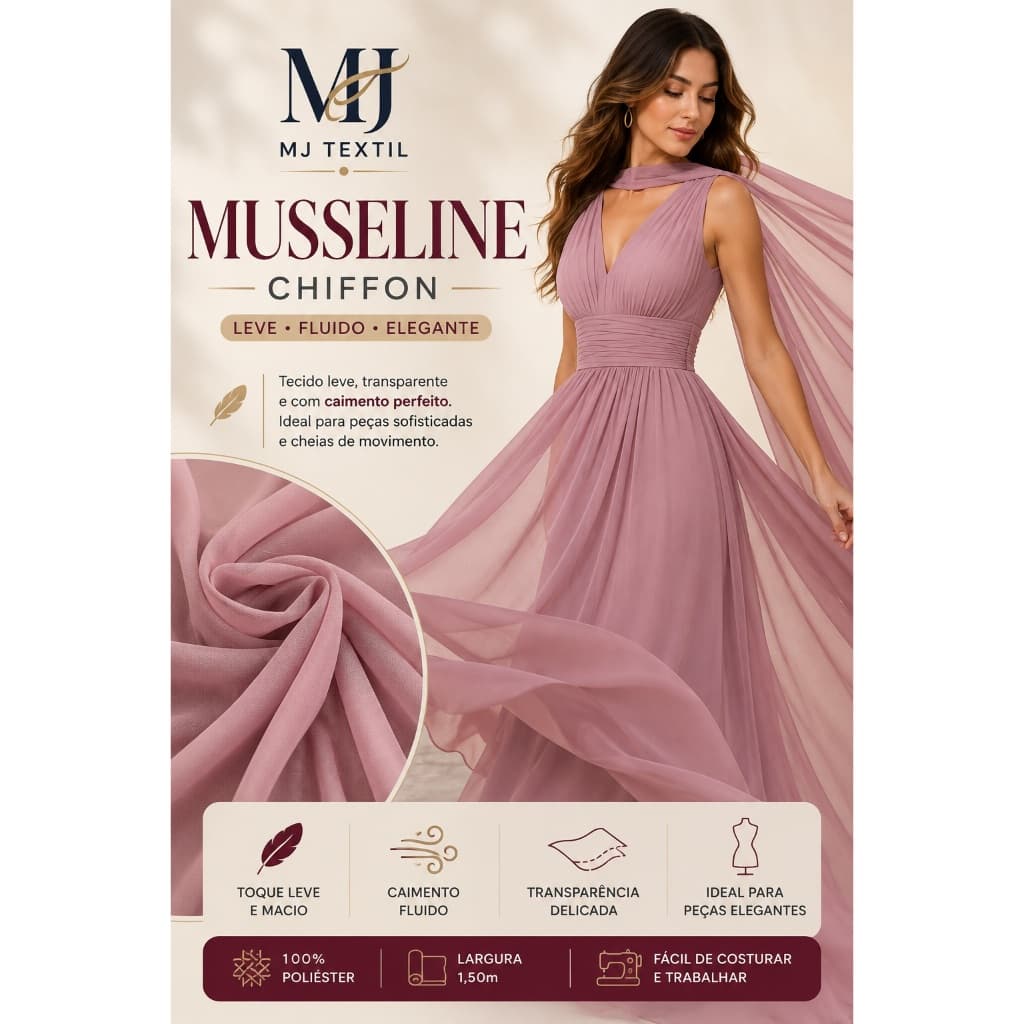 Tecido Chiffon Musseline Liso 1 Metro | 100% Poliéster | 1,50m de Largura | Leve e Fluido para Vestidos e Moda Festa