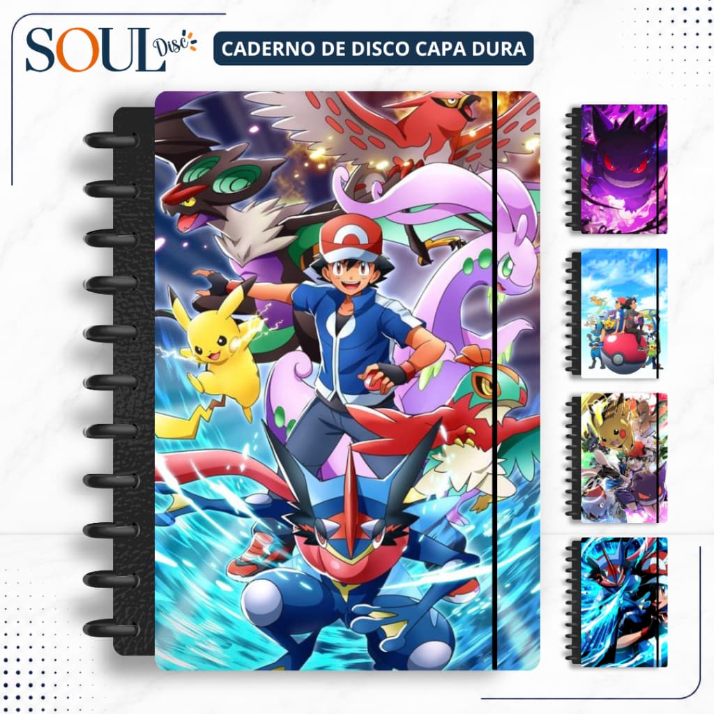 CADERNO DE DISCO INTELIGENTE POKEMON - MINI, P, M, G e (G de 10 MATÉRIAS) - COM NOME
