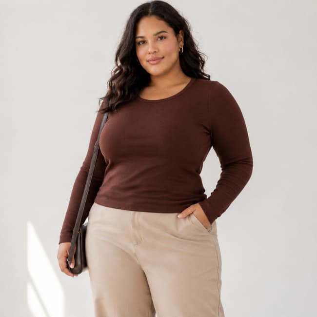 Blusa Feminina Plus Size Ribaninha Manga Longa Gola Redonda Canelada Básica Casual Confortável Inverno Outono