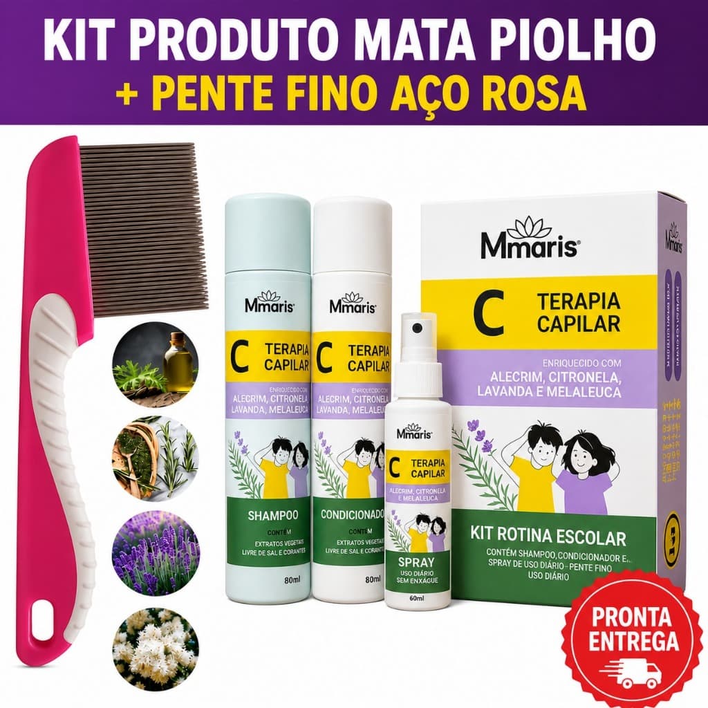 Tratamento Mata Piolho + Pente Fino Aço Rosa Infantil Dermatologicamente Hipoalérgico Lendeas Kids