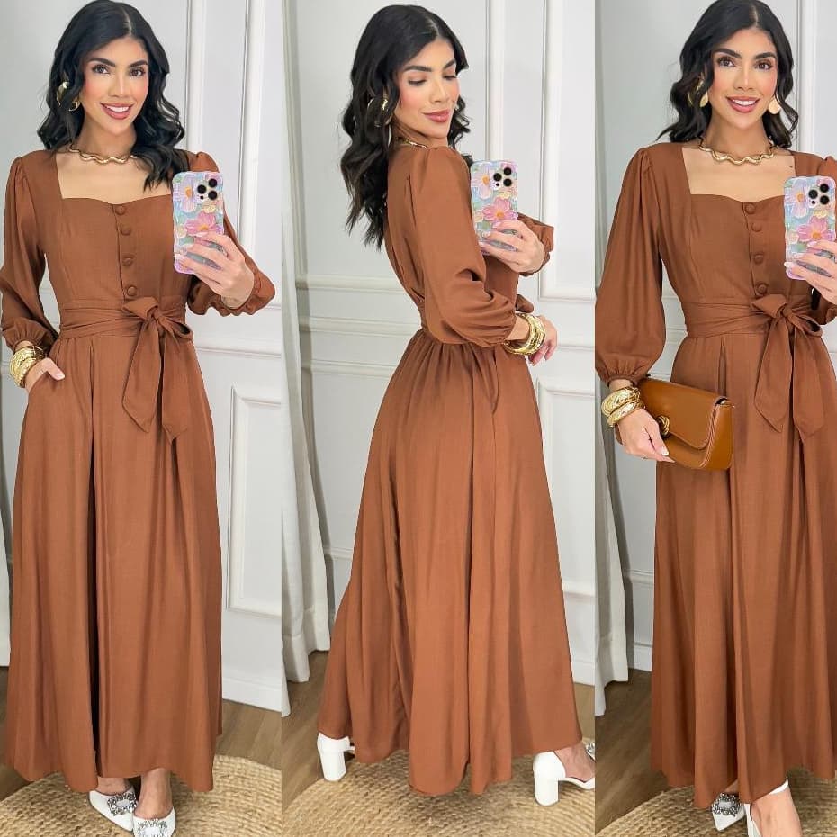 Vestido Feminino Longo Moda Evangélica Manga 3/4 Casual Elegante Com Cinto , botões de detalhe Elastex nas costas.