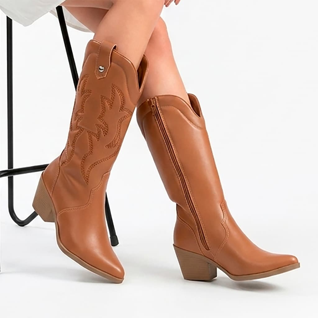 Bota Texana Feminina Western Country Bordada Cano Médio Salto 6cm Confortável Moda Ana Cristina