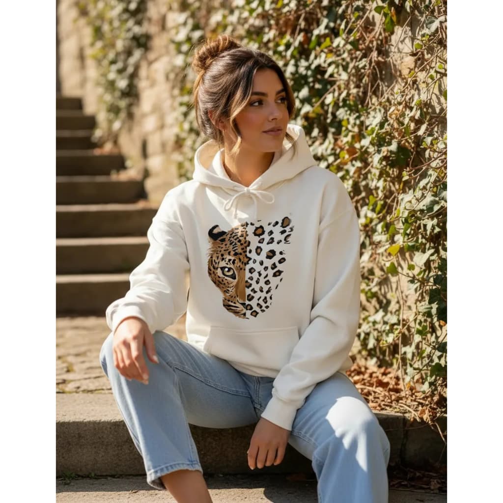 Blusa de Frio Feminina Moletom Estilosa Casaco Onça Animal Print Casual Com Capuz Canguru
