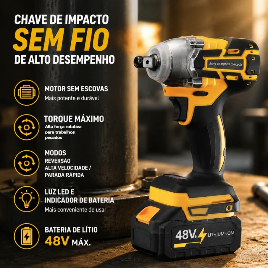 Chave de impacto 48V 丨 Motor sem escovas de alto torque 丨 Disponível com uma ou duas baterias