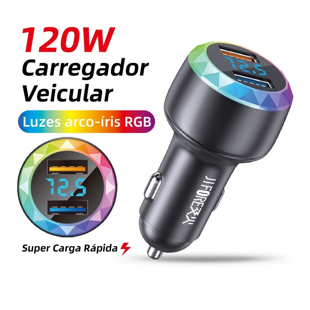 Carregador Veicular 120W QC3.0 Turbo Luz Colorida Giratória Display Voltagem Compatível com Carro e Caminhão 12V/24V