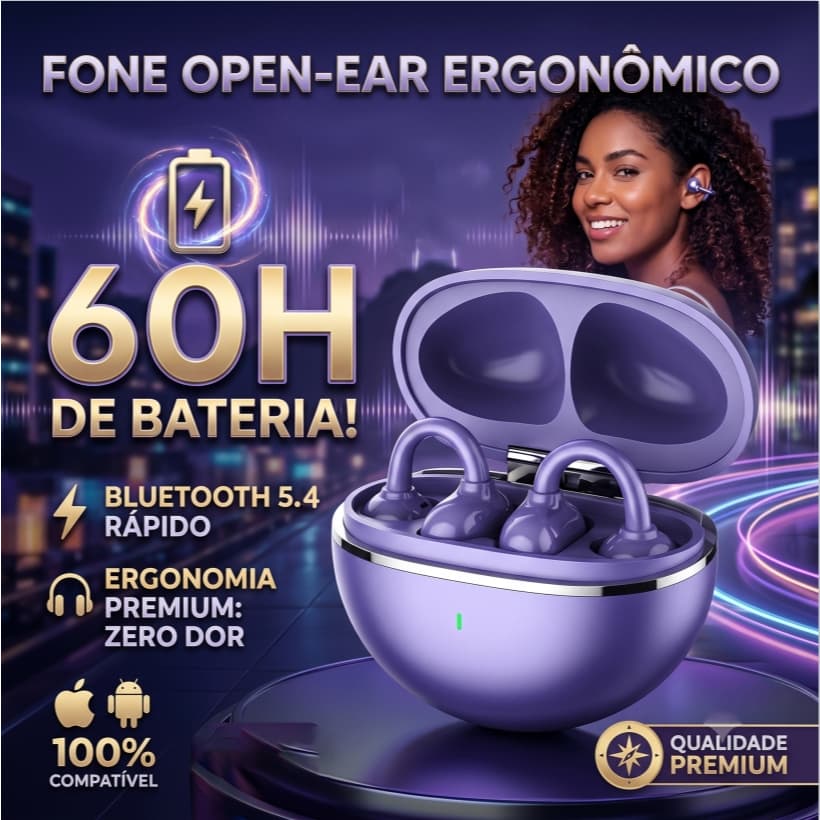 Fone de Ouvido Sem Fio Open-Ear Bluetooth 5.4 Bateria 60H Ergonômico Esporte Compatível iOS/Android