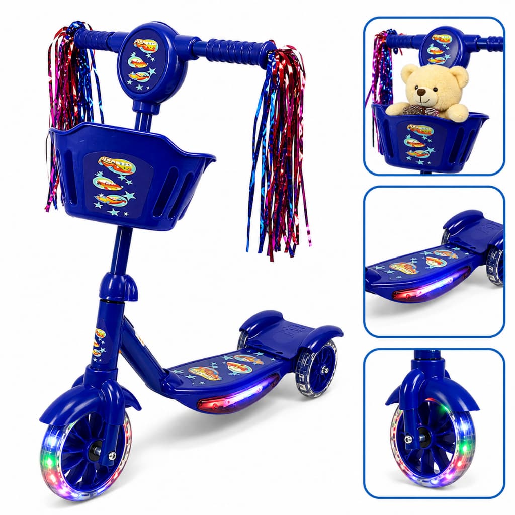 Patinete Infantil 3 Rodas Dobrável Com Luz Som Rodas LED Cestinha Freio Até 35kg Azul