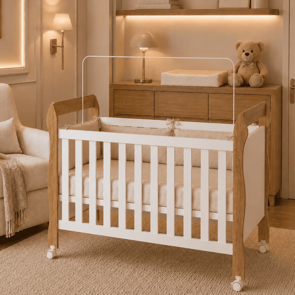 Berço Soninho Americano Branco/Amadeirado MDF Compacto com Rodízios Ideal Quartos de Bebê Criança Acompanha Colchão- AV