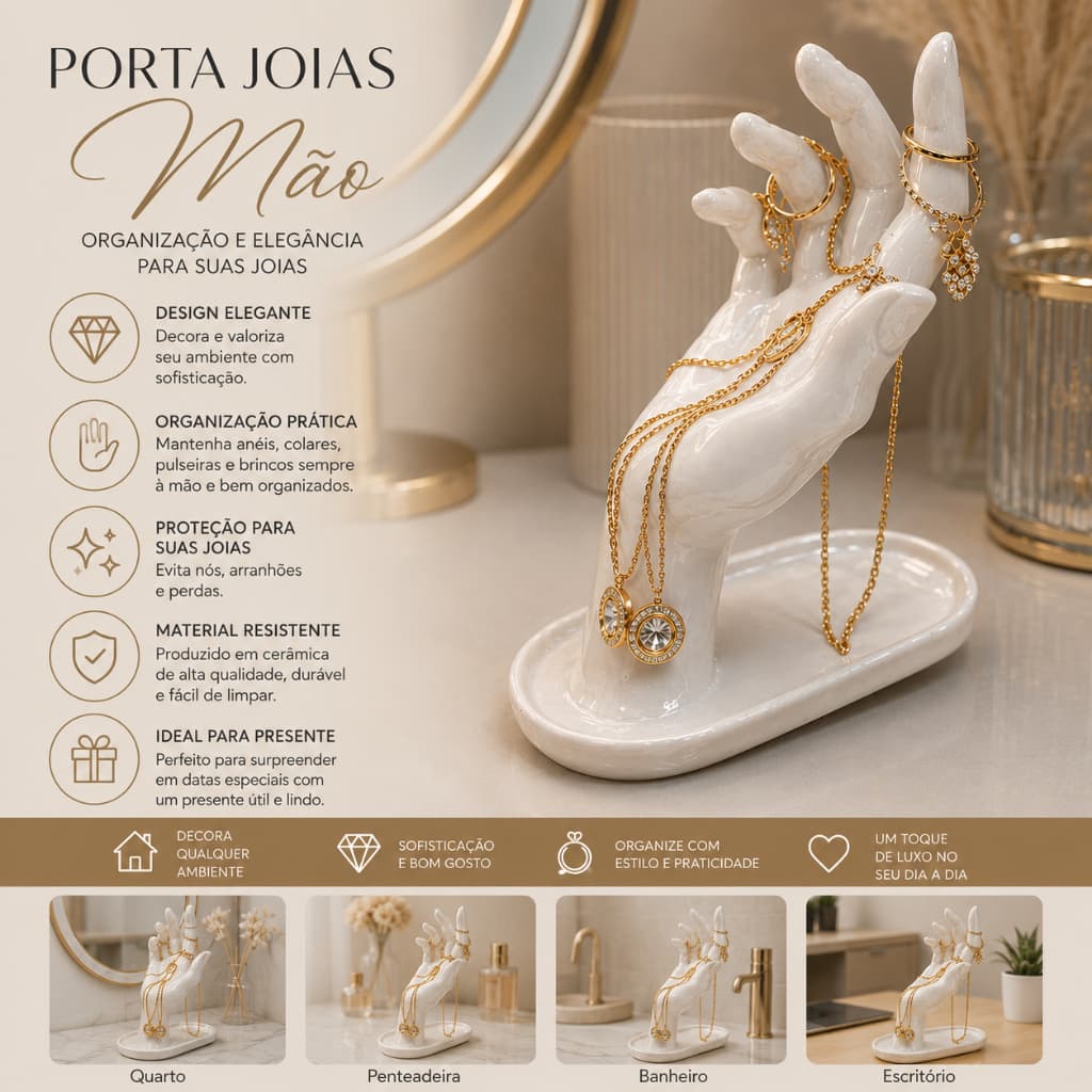 Porta Joias Mão Decorativa Organizador de Anéis, Colares, Pulseiras e Acessórios | Suporte Elegante para Bancada