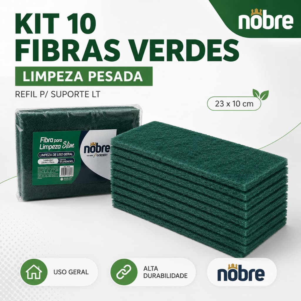 Kit 10 Fibras Verdes Nobre Limpeza Pesada Uso Geral Refil Suporte LT Esponja Abrasiva