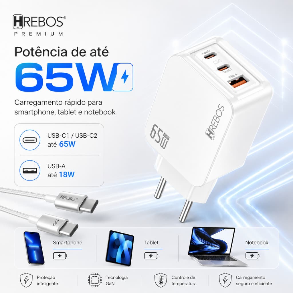Carregador 65W Hrebos Blink Charge Turbo + Cabo Type-C - 3 Portas USB-C USB-A Carregamento Rápido - CRG-386 CC