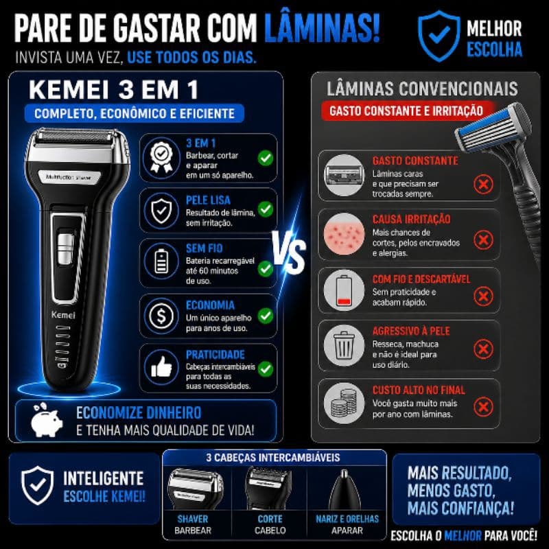 Aparador de Barba Kemei 3 em 1 Recarregável Bivolt Barbeador Elétrico Profissional KM6558