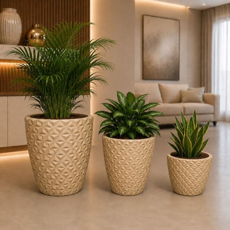 Kit 3 Vasos Diamante PP P e Médio para Plantas Decorativo Resistente com Prato Coletor
