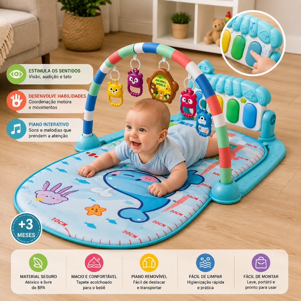 Tapete Bebê Atividades Musical Piano Interativo Educativo Sensorial Azul