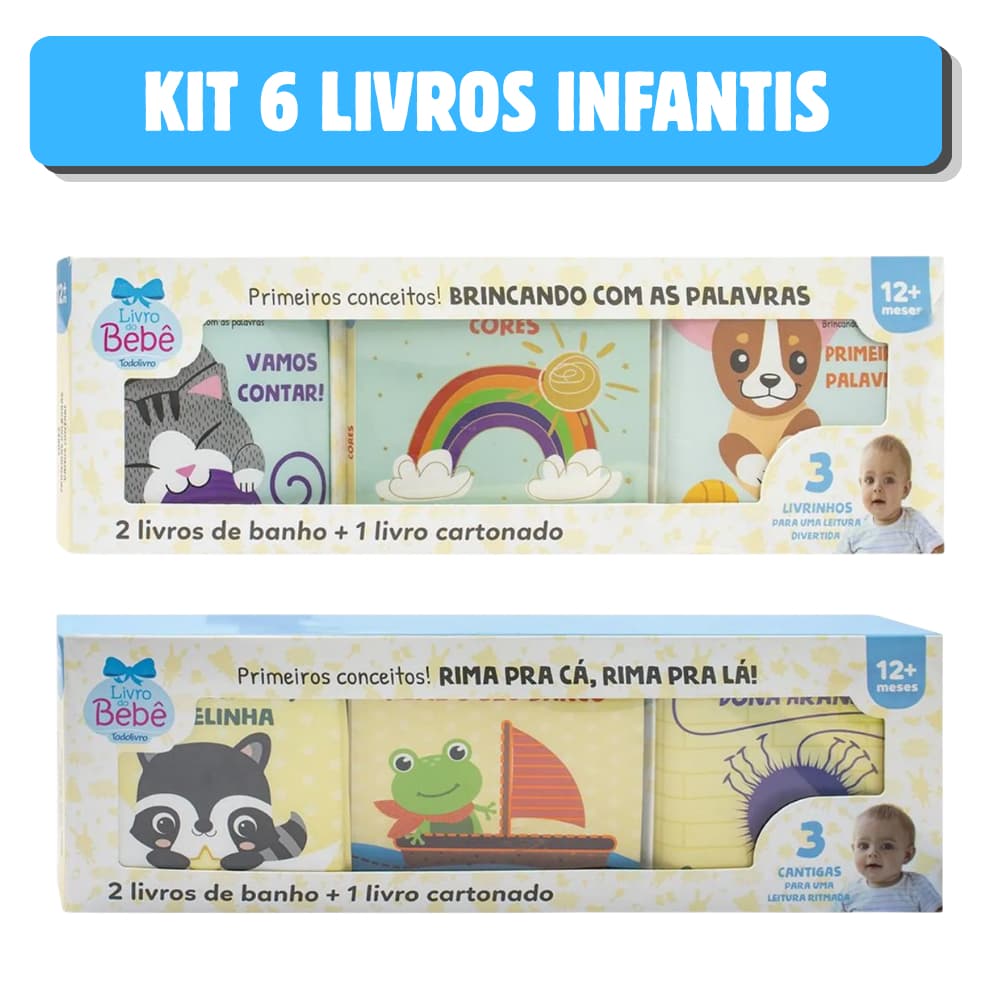 Kit 4 Livros de Banho + 2 Livros Cartonados Infantis - Brincando com as Palavras - Rima pra Lá, Rima pra Cá