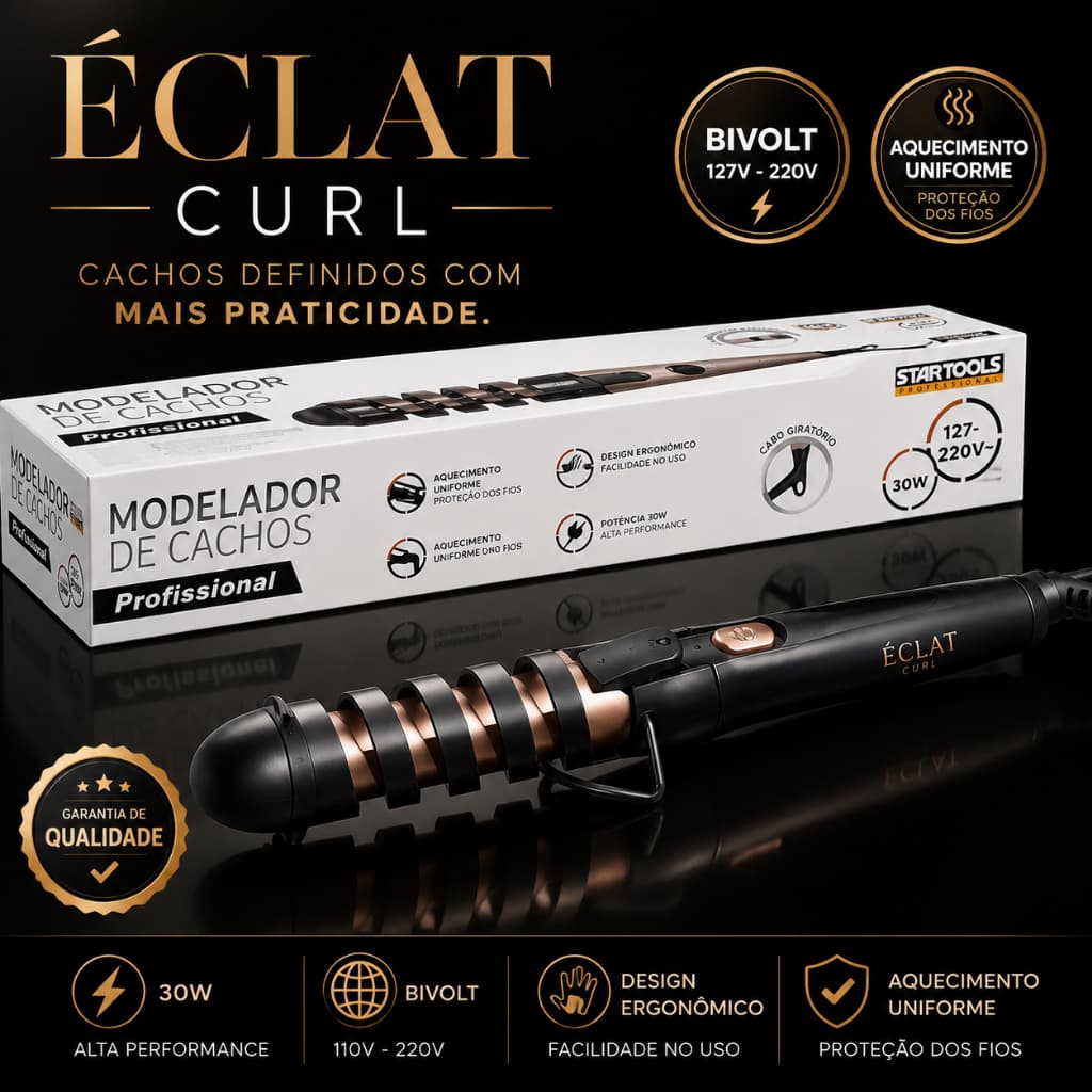 Modelador de Cachos Profissional Bivolt 30W Modelador de Cabelo Aquecimento Uniforme Design Ergonômico Éclat Curl