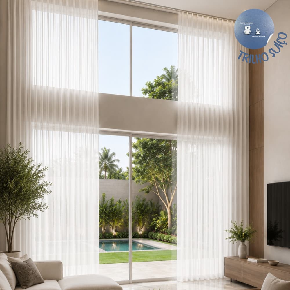Cortina Moderna Trilho Suíço 6,00 x 4,00 metros Pé Direito Alto Tecido Voil Delicado Luxo Decoracao sala quarto blindex