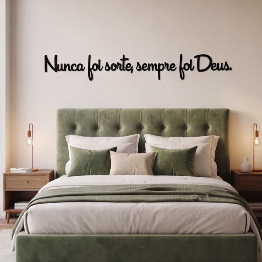 Letreiro Nunca Foi Sorte Sempre Foi Deus MDF Preto Aplique de Parede Decoração Cristã Sala Quarto
