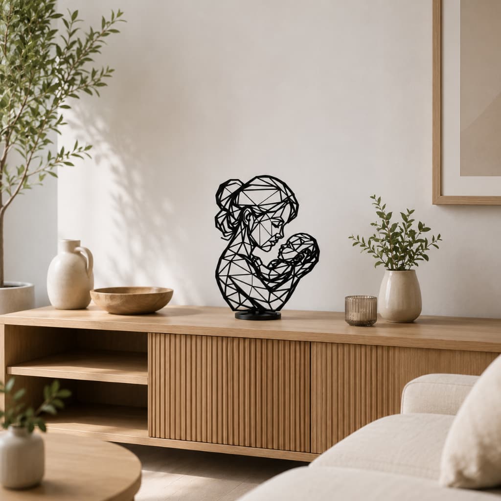 Escultura Mãe e Filho Decorativa em 3D Geométrica | Decoração Quarto de Bebê, Sala, Rack, Aparador | Presente para Mães