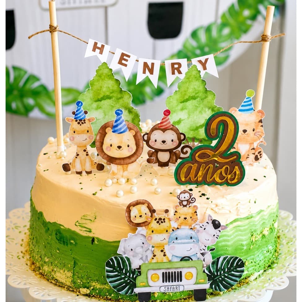 Topo de Bolo Safari Menino ou menina Personalizado Nome e Idade | Festa Infantil Tema Safari