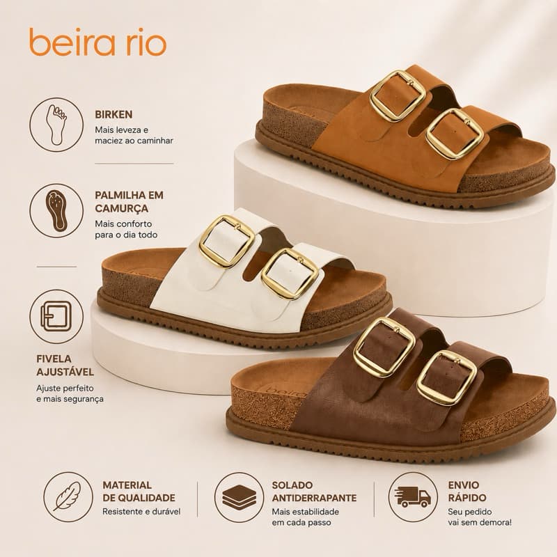 Sandália Beira Rio Papete Birken Feminina Original Confortável Ajustável Palmilha Anatômica Camurça