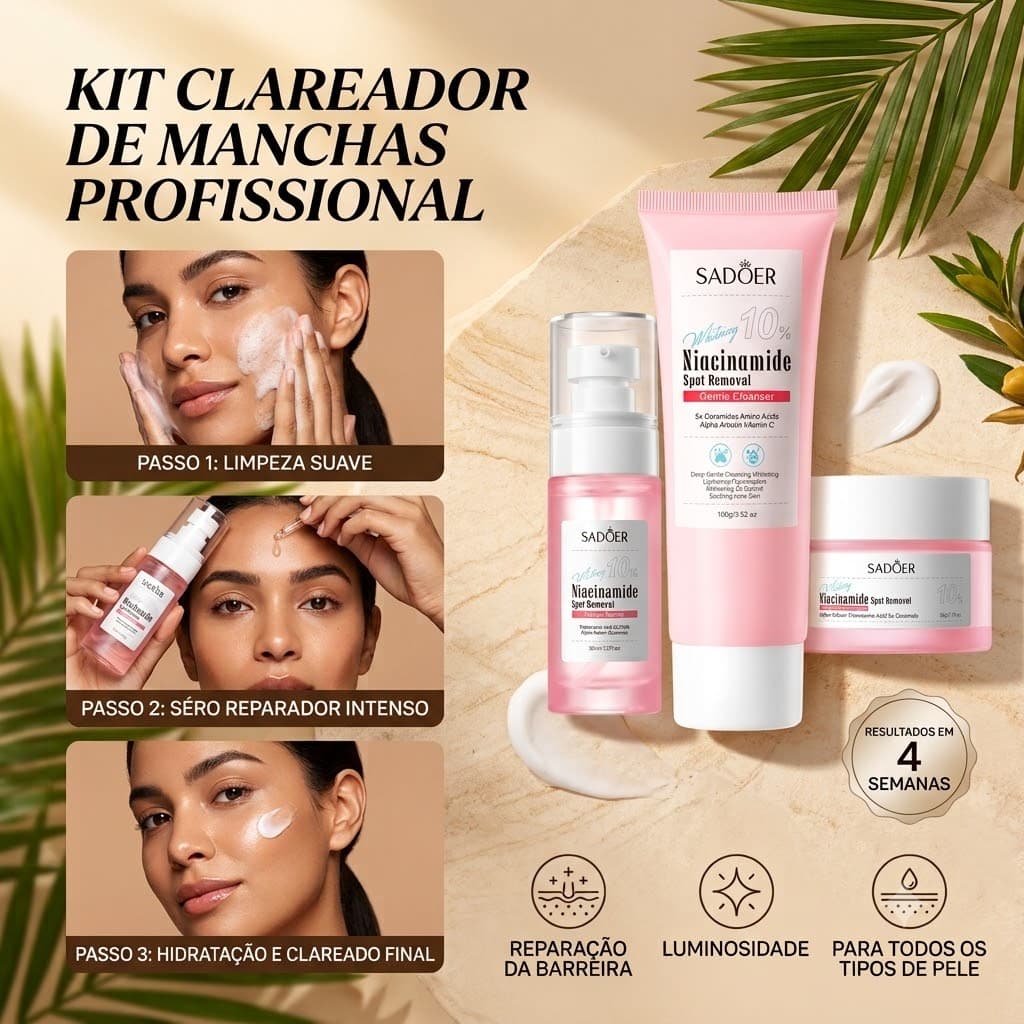 Kit Skincare SADÖER Niacinamida 10% Clareador Anti-manchas Sabonete Sérum Creme Facial