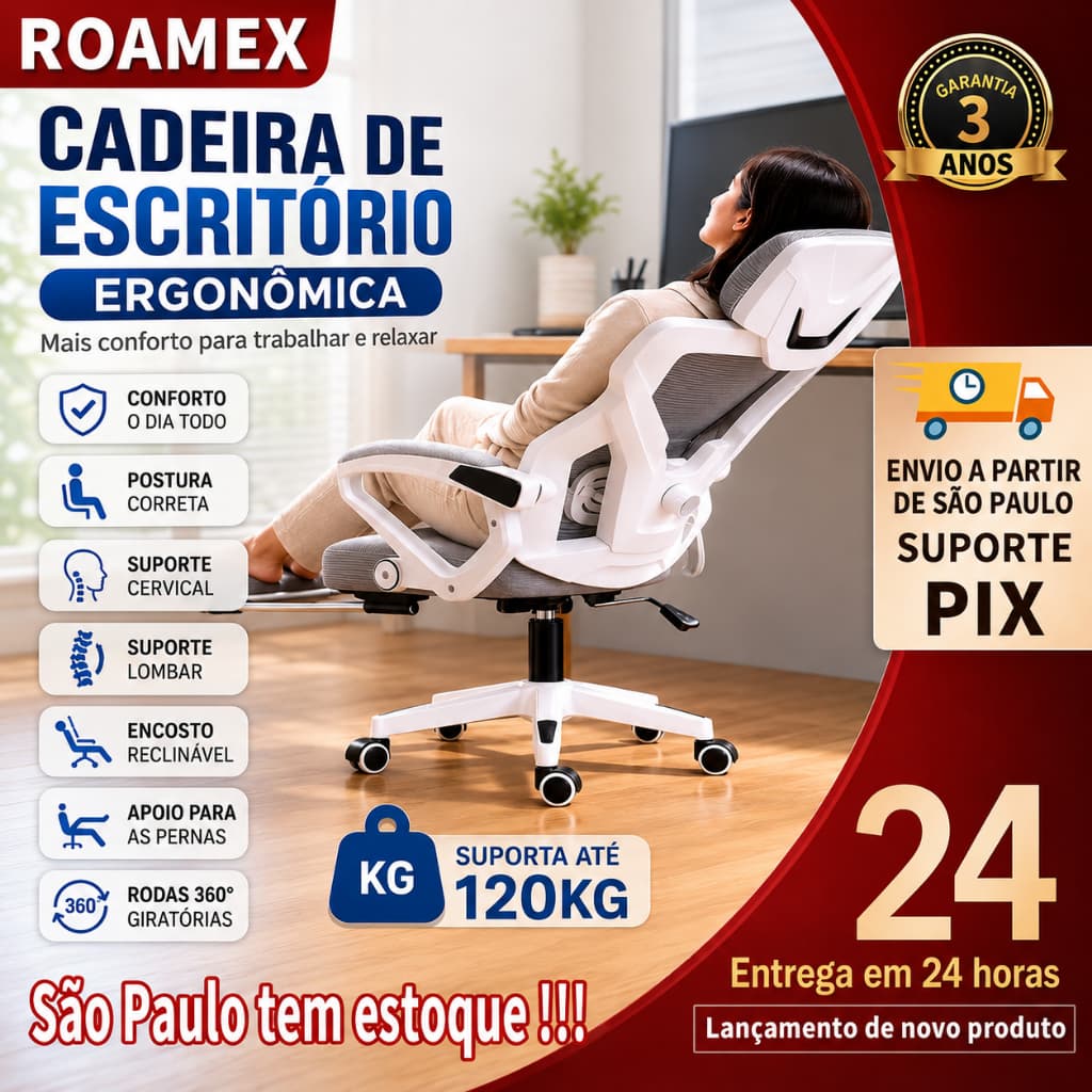 Cadeira de Escritório Ergonômica Reclinável 135° com Apoio para Pernas Rodas 3 Cores Suporta 120kg