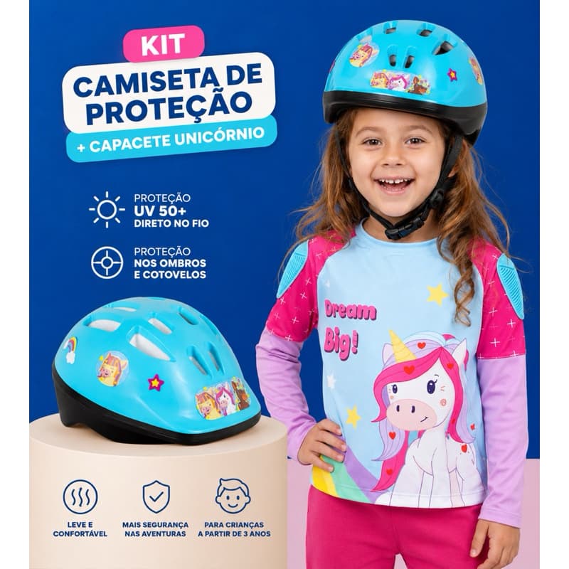 Kit Infantil Camiseta de Proteção UV 50+ Unicórnio + Capacete Infantil Unicórnio | Segurança e Conforto para Pedalar