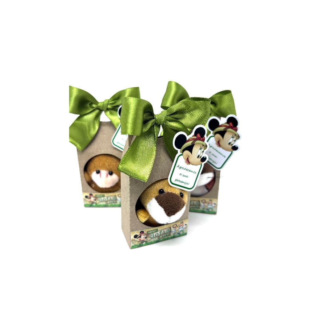 Minnie Safari 25 lembrancinhas pelucia Safari na Sacolinha Kraft decorada e personalziada com o nome e idade