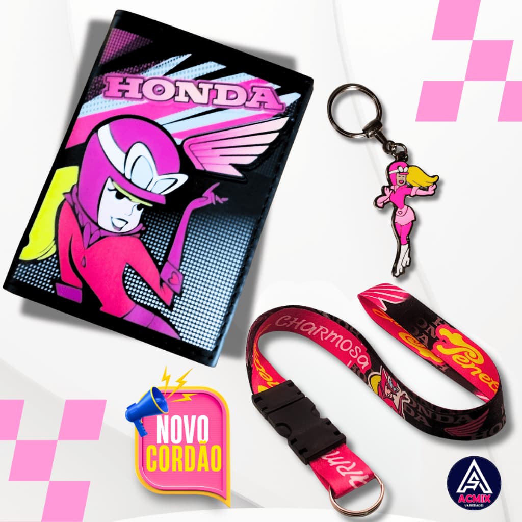 Kit Carteira Porta Documentos Moto Honda Penélope + Cordão Rosa com Engate Rápido + Chaveiro de Metal Penélope
