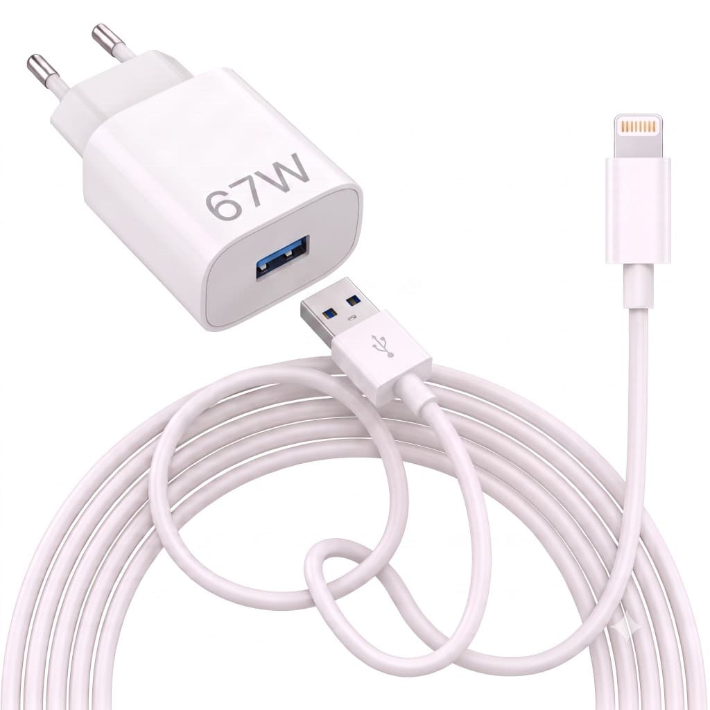 Carregador 67w BRANCO 6x Mais Rápido+ Cabo USB LIGHTNING 2 METROS compatível p/Iphone XR 11 12 13 14