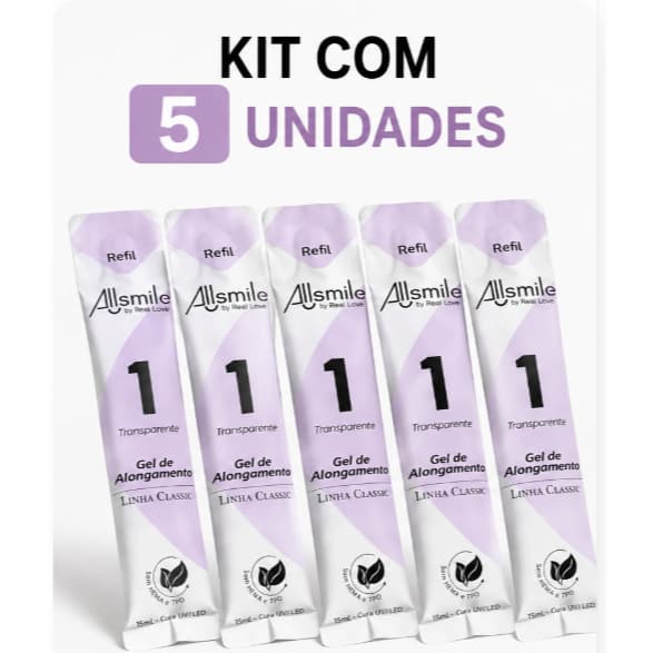5 Unidades Refil Sachê Gel 1 Transparente Real Love Linha Classic 15ml Alongamento Allsmile