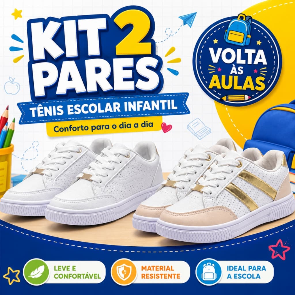 kit 2 pares tenis infantil antiderrapante leve confortável resistente uso escolar brincadeira