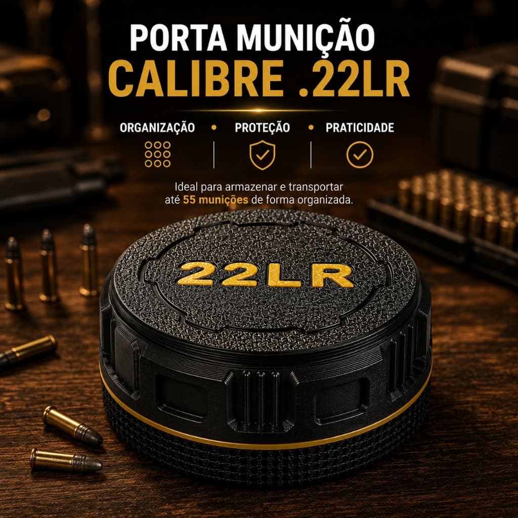 Caixa Estojo Porta Munição .22LR Capacidade 55 Munições Tampa Rosqueável Preto