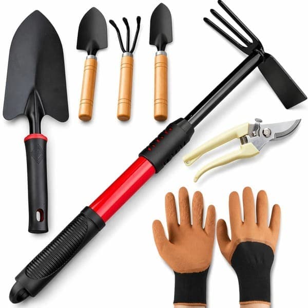 Kit Jardinagem 7 Peças Alta Qualidade Profissional ou Iniciante Sacho Grande Pá Luva Tesoura 3 Peças Vasos e Suculentas