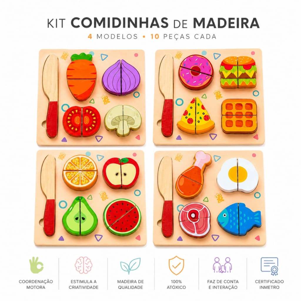 Kit Comidinhas de Madeira para Cortar Montessori Infantil – Brinquedo Educativo Faz de Conta Cozinha, Coordenação Motora