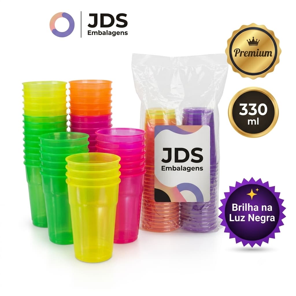 kit 100 descartavel Copo Neon 300ml Premium para Festa, Balada, Aniversário, Eventos e Brindes –Resistente