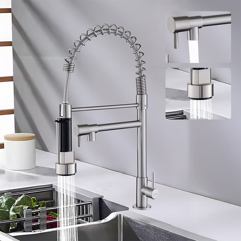 Torneira Gourmet de Cozinha 360° Aço Inox 304 Duplo Jato Água Fria Prata